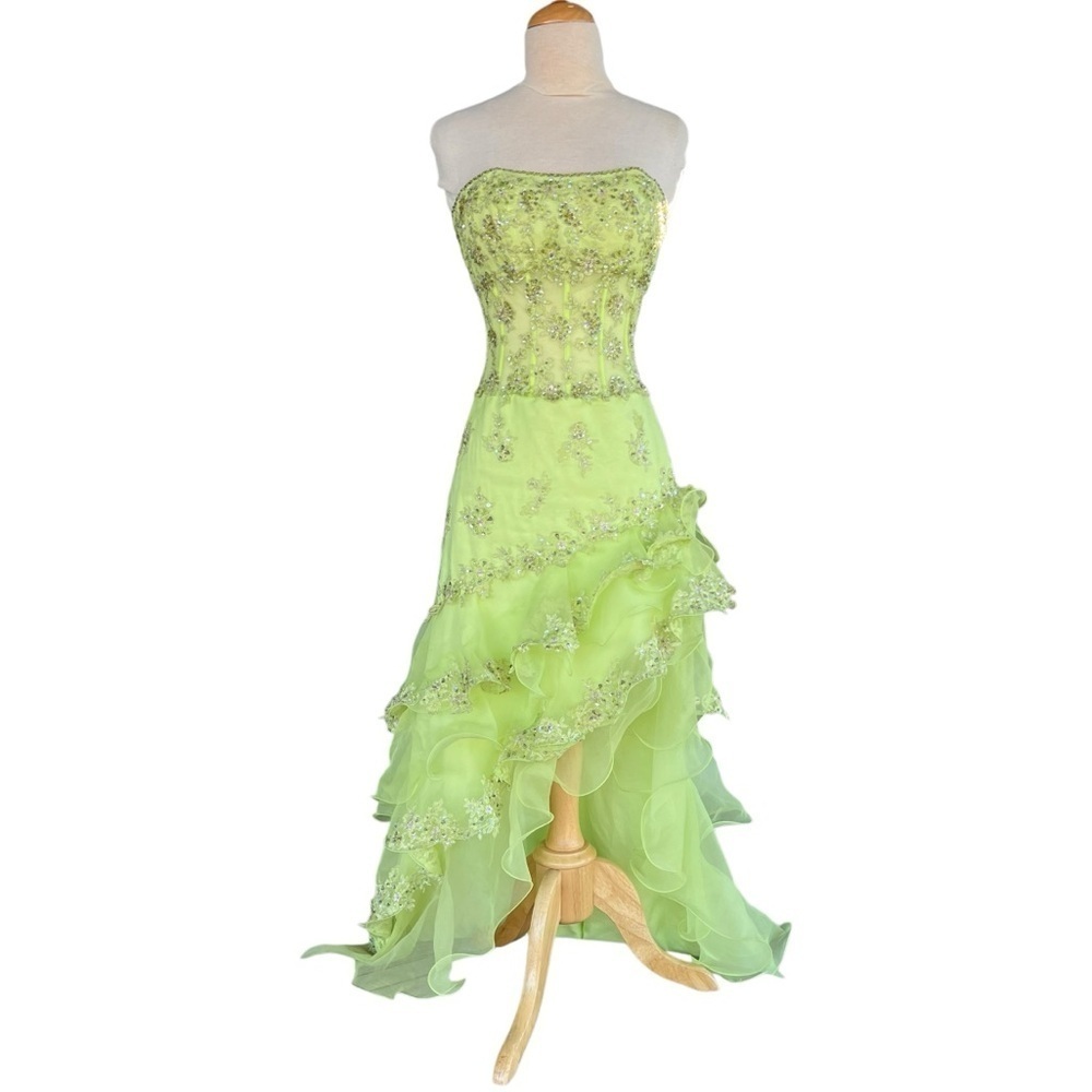 Y2K Cache Fairy Strapless Prom Dress Green Embellished Sequin Ruffles Whimsy XS